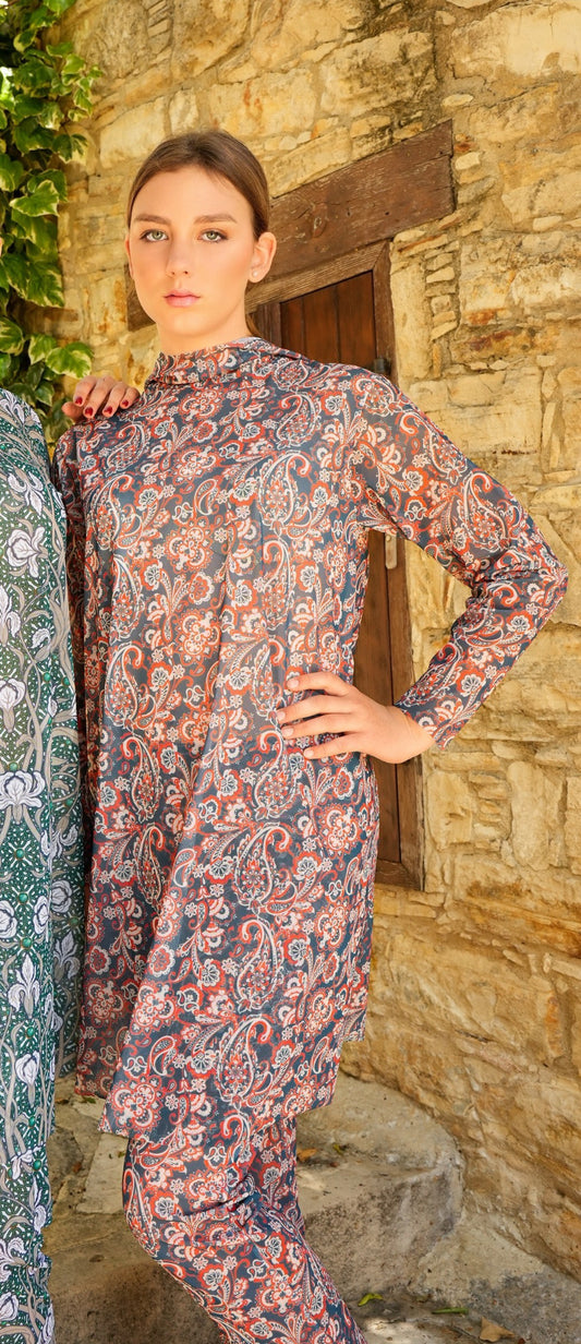 Paisley Blue Red Burkini with Hood
