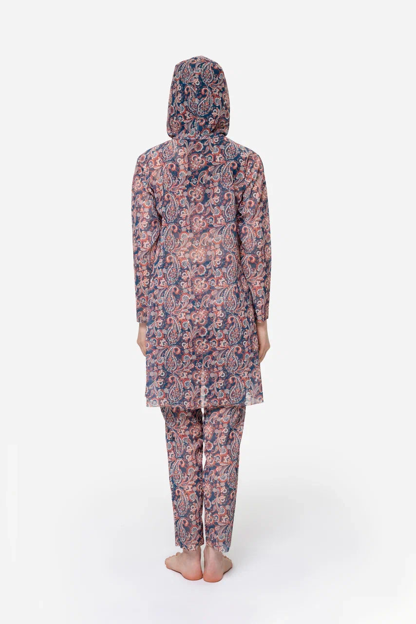 Paisley Blue Red Burkini with Hood