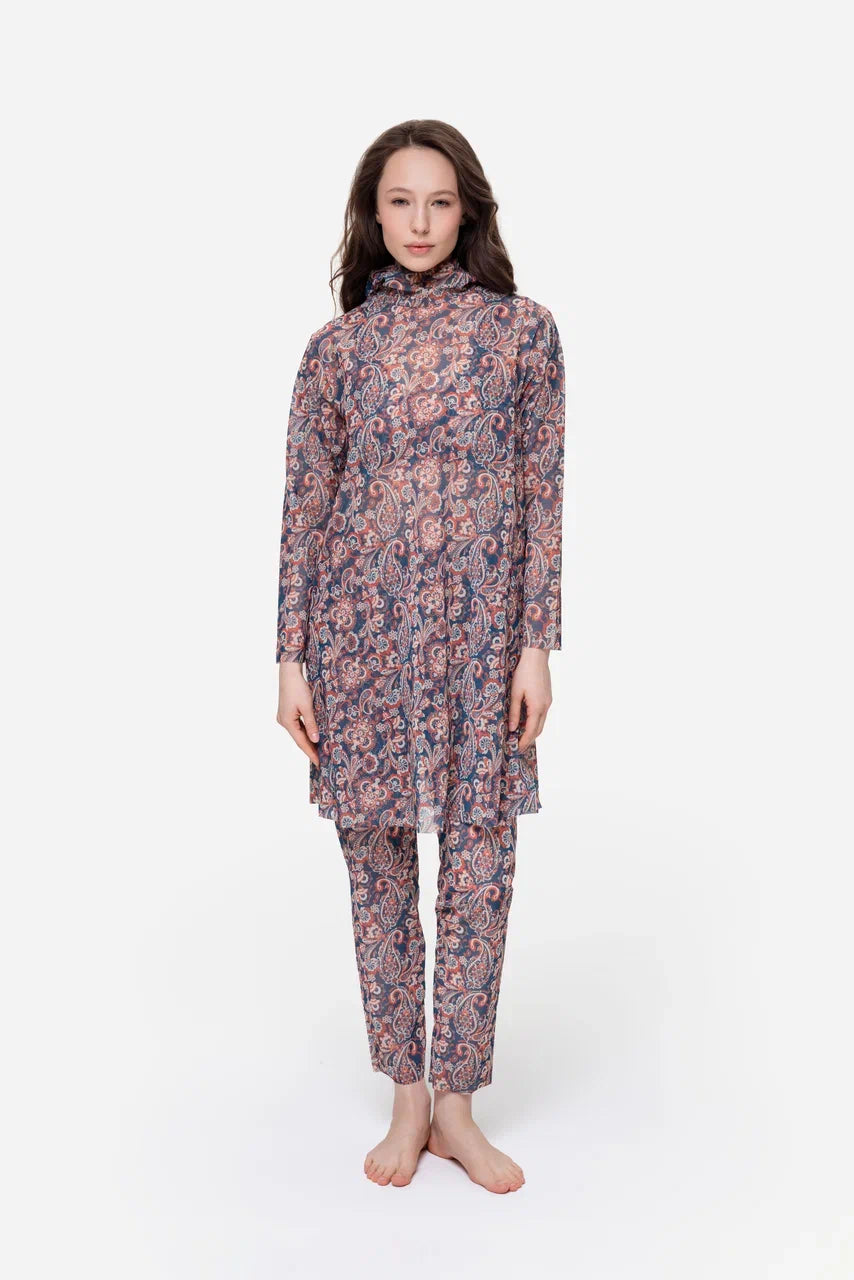 Paisley Blue Red Burkini with Hood