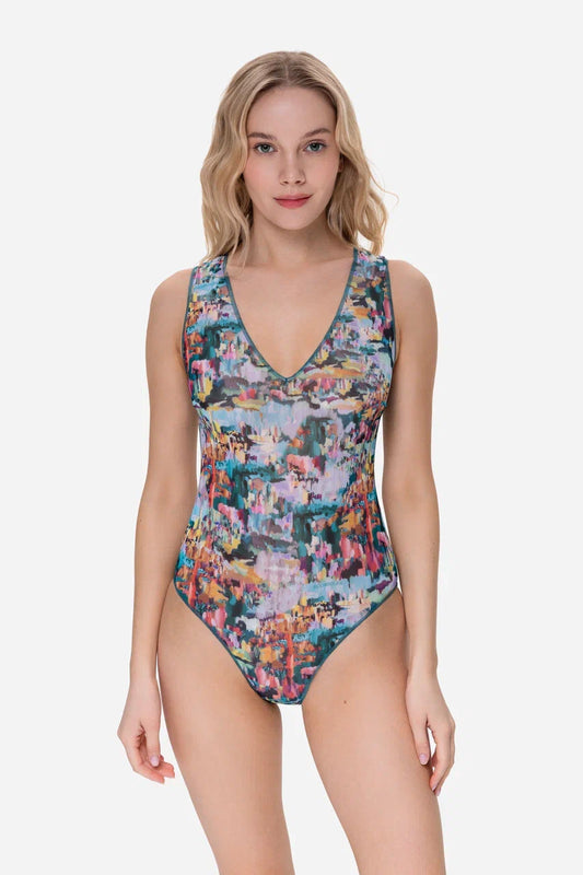 Art Sleeveless Swimsuit with V-neck