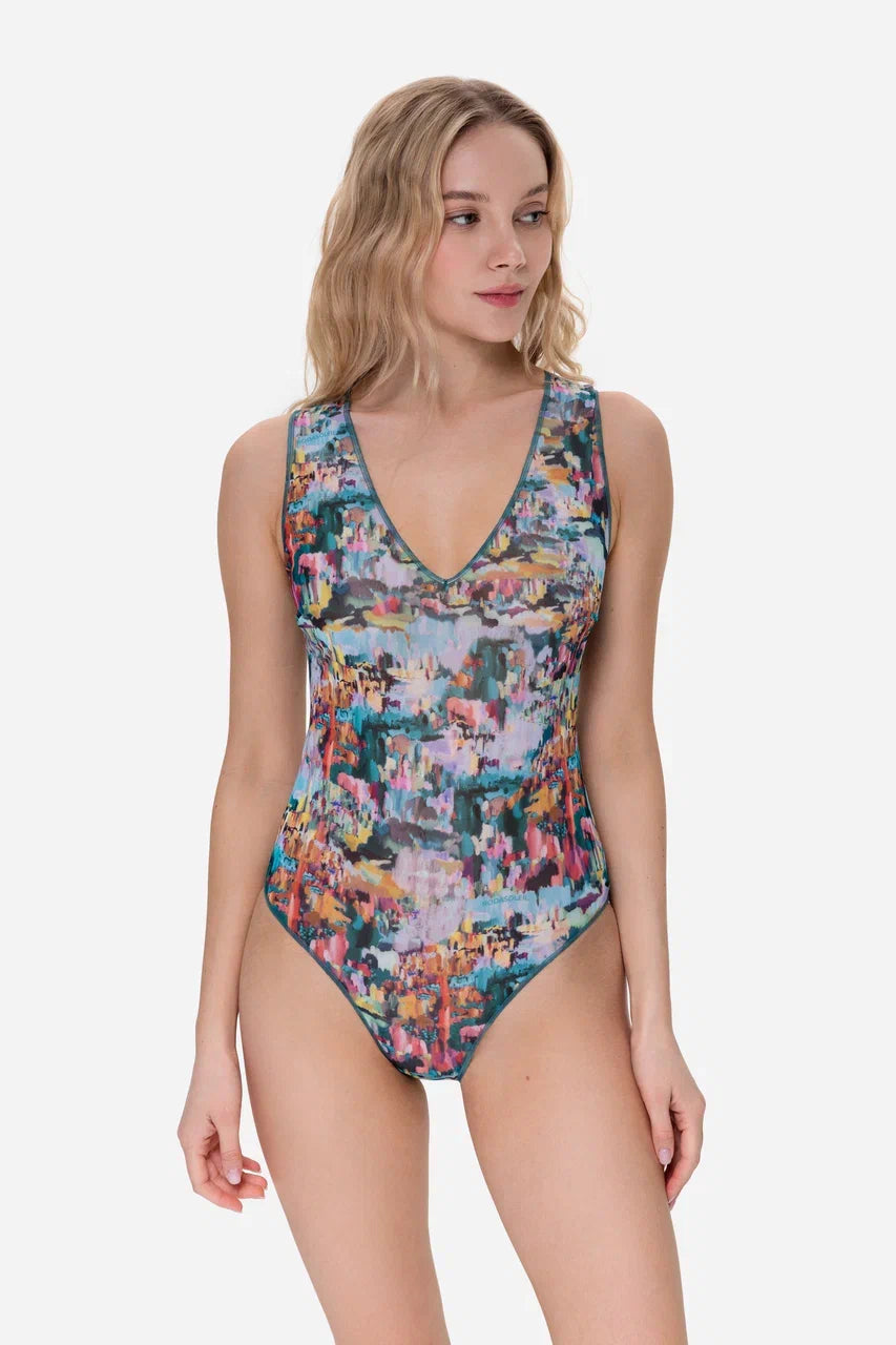 Art Sleeveless Swimsuit with V-neck