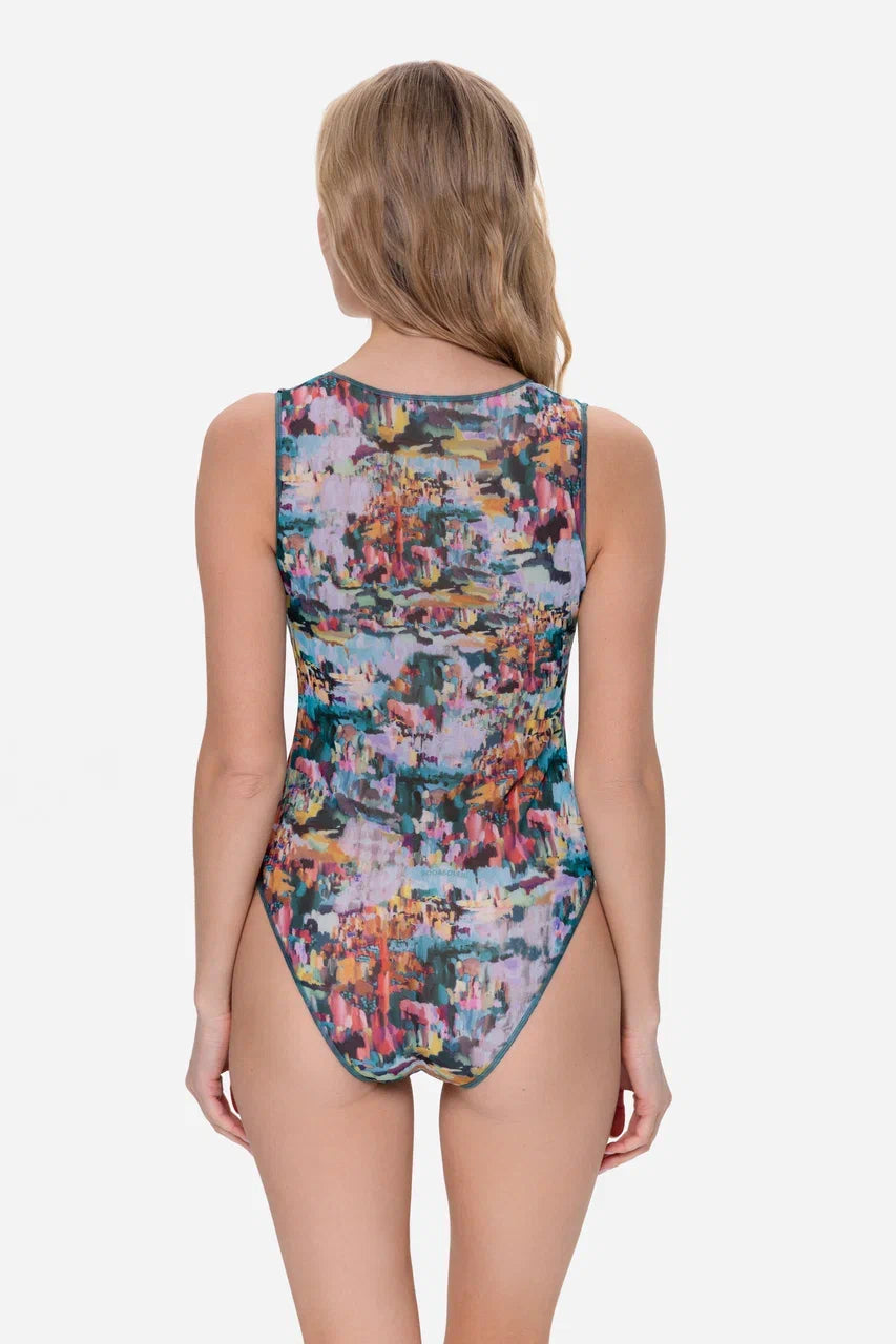Art Sleeveless Swimsuit with V-neck