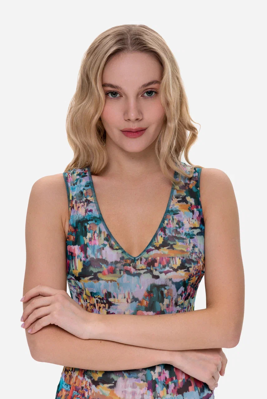 Art Sleeveless Swimsuit with V-neck