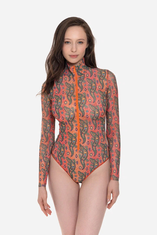Crocodile Orange pattern One-Piece Swimsuit with Zipper