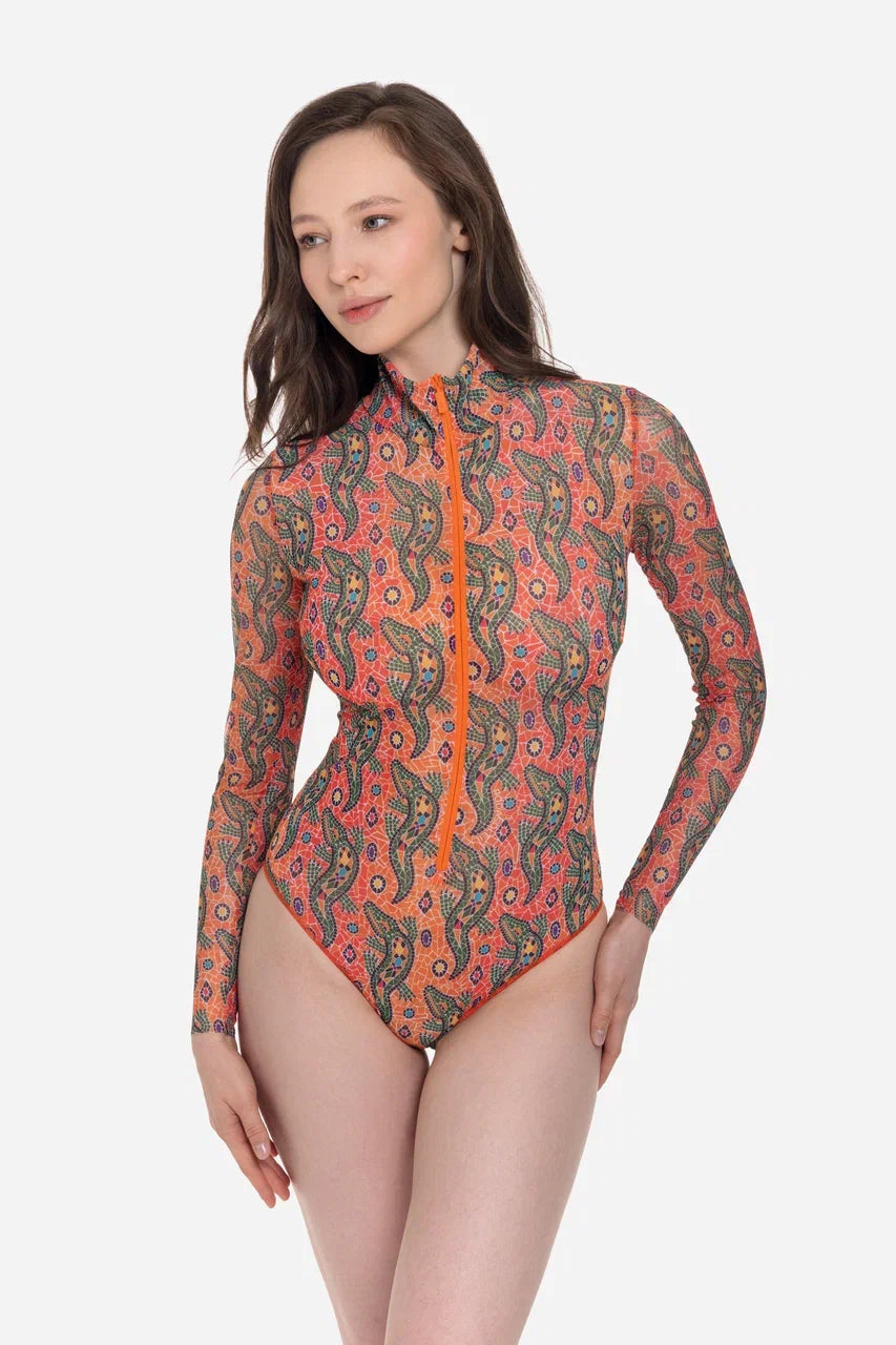 Crocodile Orange pattern One-Piece Swimsuit with Zipper