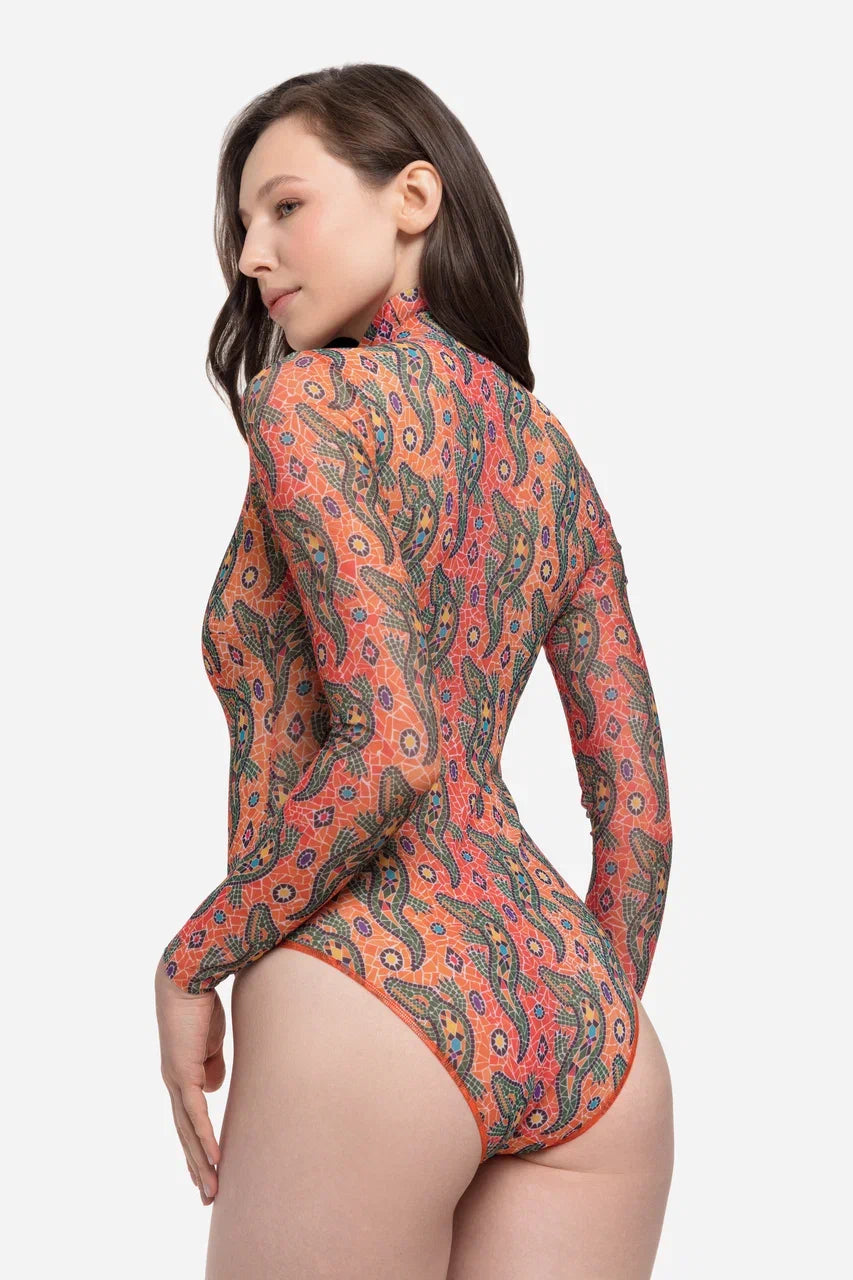 Crocodile Orange pattern One-Piece Swimsuit with Zipper