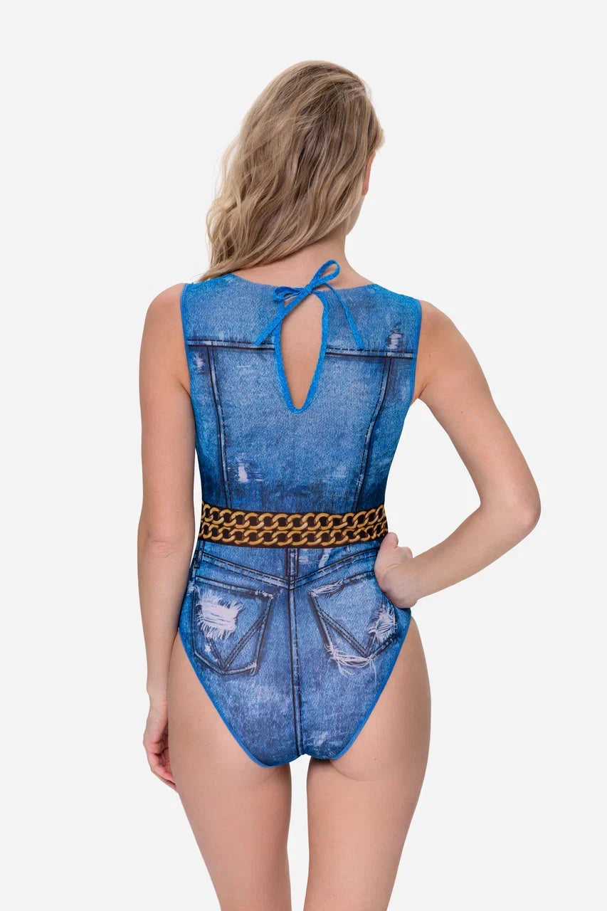 Jeans One-Piece Sleeveless Swimsuit