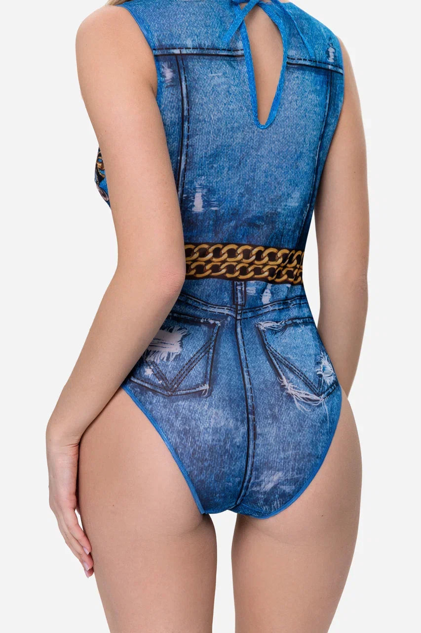 Jeans One-Piece Sleeveless Swimsuit