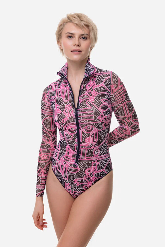 Doodling Fucsia One-Piece Swimsuit with Zipper