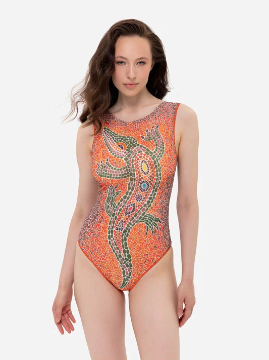 Crocodile Orange One-Piece Sleeveless Swimsuit