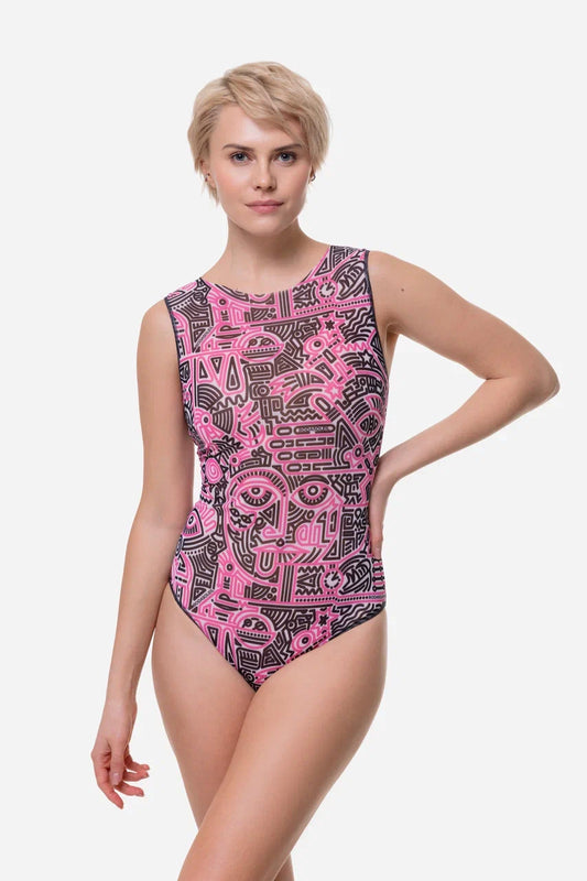 Doodling Fucsia One-Piece Sleeveless Swimsuit