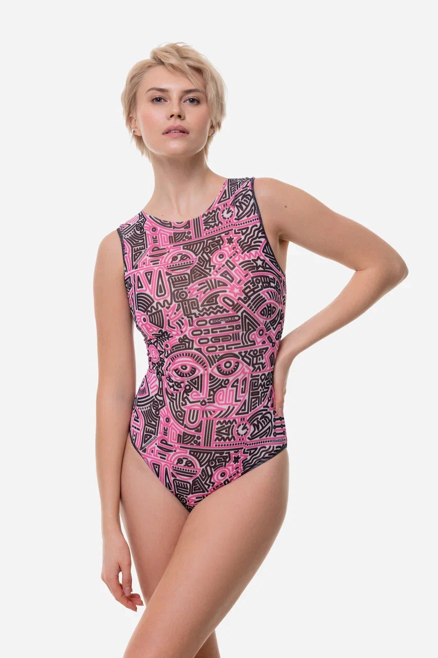 Doodling Fucsia One-Piece Sleeveless Swimsuit