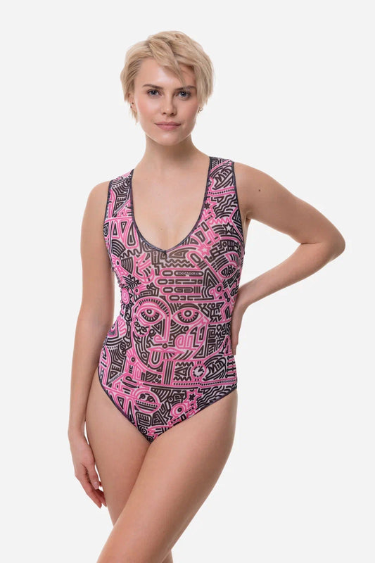 Doodling Fucsia Sleeveless Swimsuit with V-neck