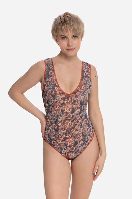 Peisley Blue-Red Sleeveless Swimsuit with V-neck