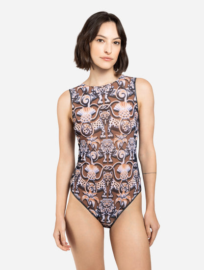 Medieval Brown One-Piece Sleeveless Swimsuit