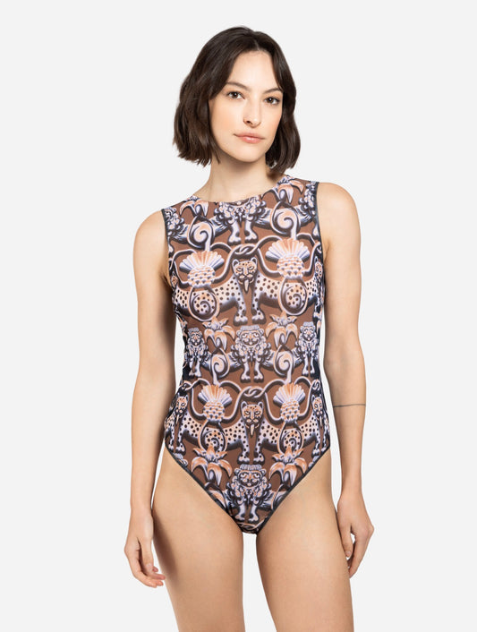 Medieval Brown One-Piece Sleeveless Swimsuit