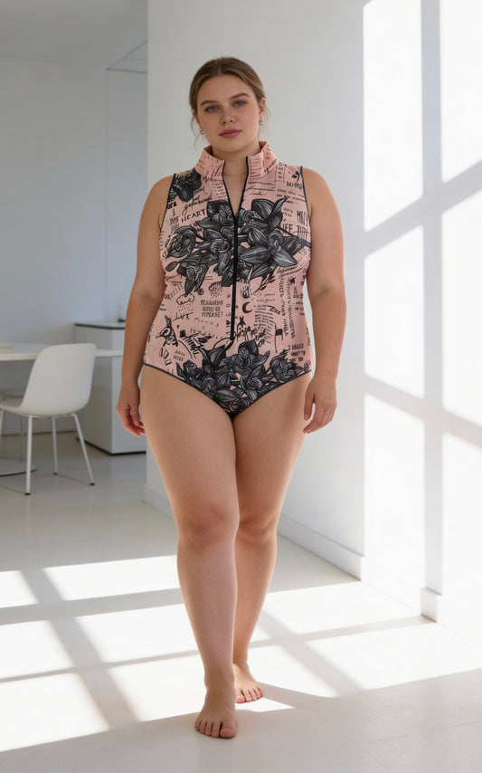 Nude One-Piece Swimsuit Sleeveless with Zipper