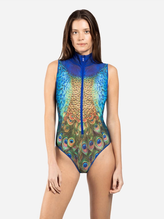 Peacock Mayura One-Piece Swimsuit Sleeveless with Zipper