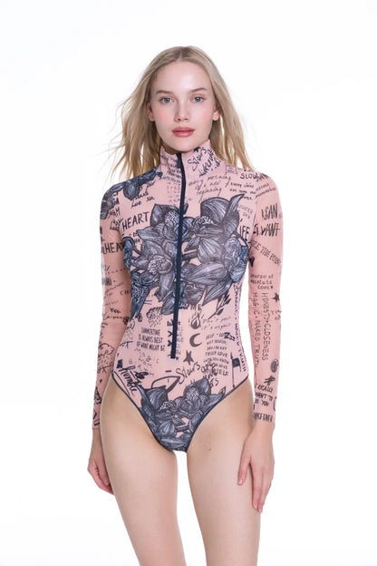 Nude-Body Art One-Piece Swimsuit with Zipper