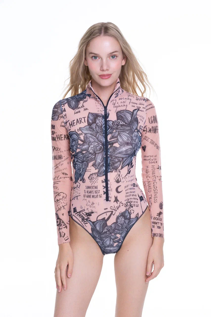 Nude-Body Art One-Piece Swimsuit with Zipper