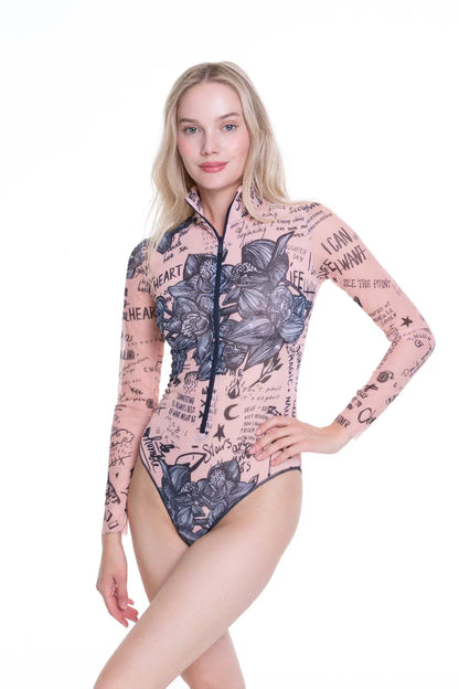 Nude-Body Art One-Piece Swimsuit with Zipper