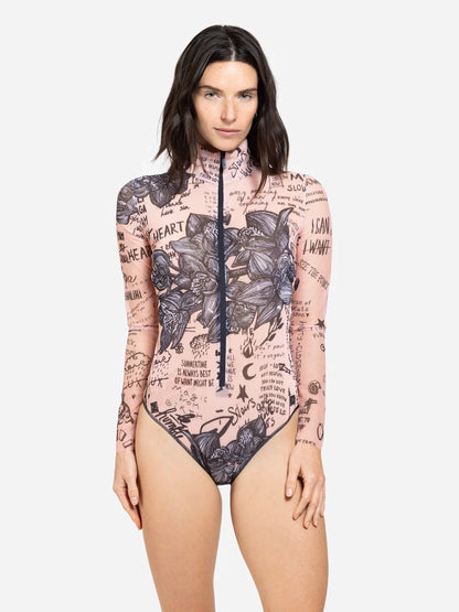 Nude-Body Art One-Piece Swimsuit with Zipper