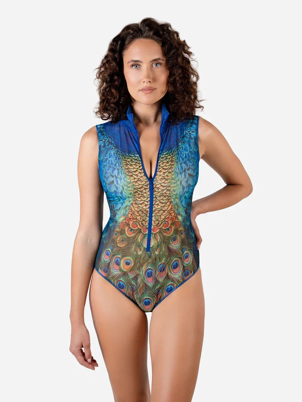 Peacock Mayura One-Piece Swimsuit Sleeveless with Zipper
