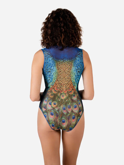 Peacock Mayura One-Piece Swimsuit Sleeveless with Zipper