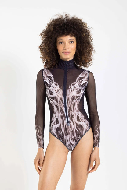 Grey Flame One-Piece Swimsuit with Zipper