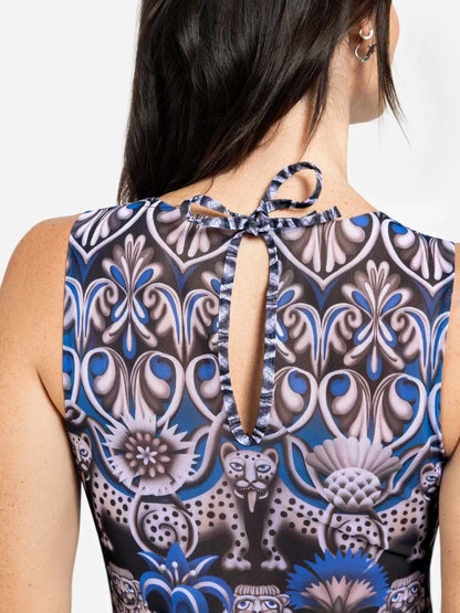Medieval Blue One-Piece Sleeveless Swimsuit