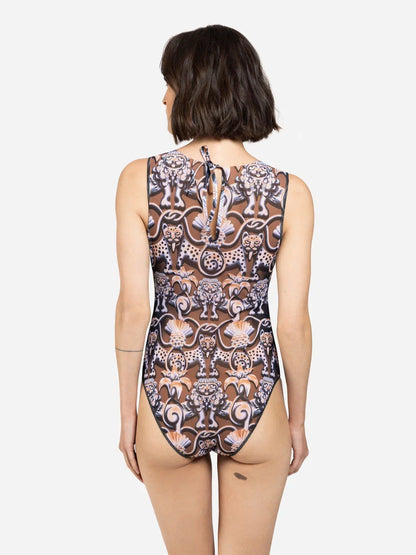 Medieval Brown One-Piece Sleeveless Swimsuit