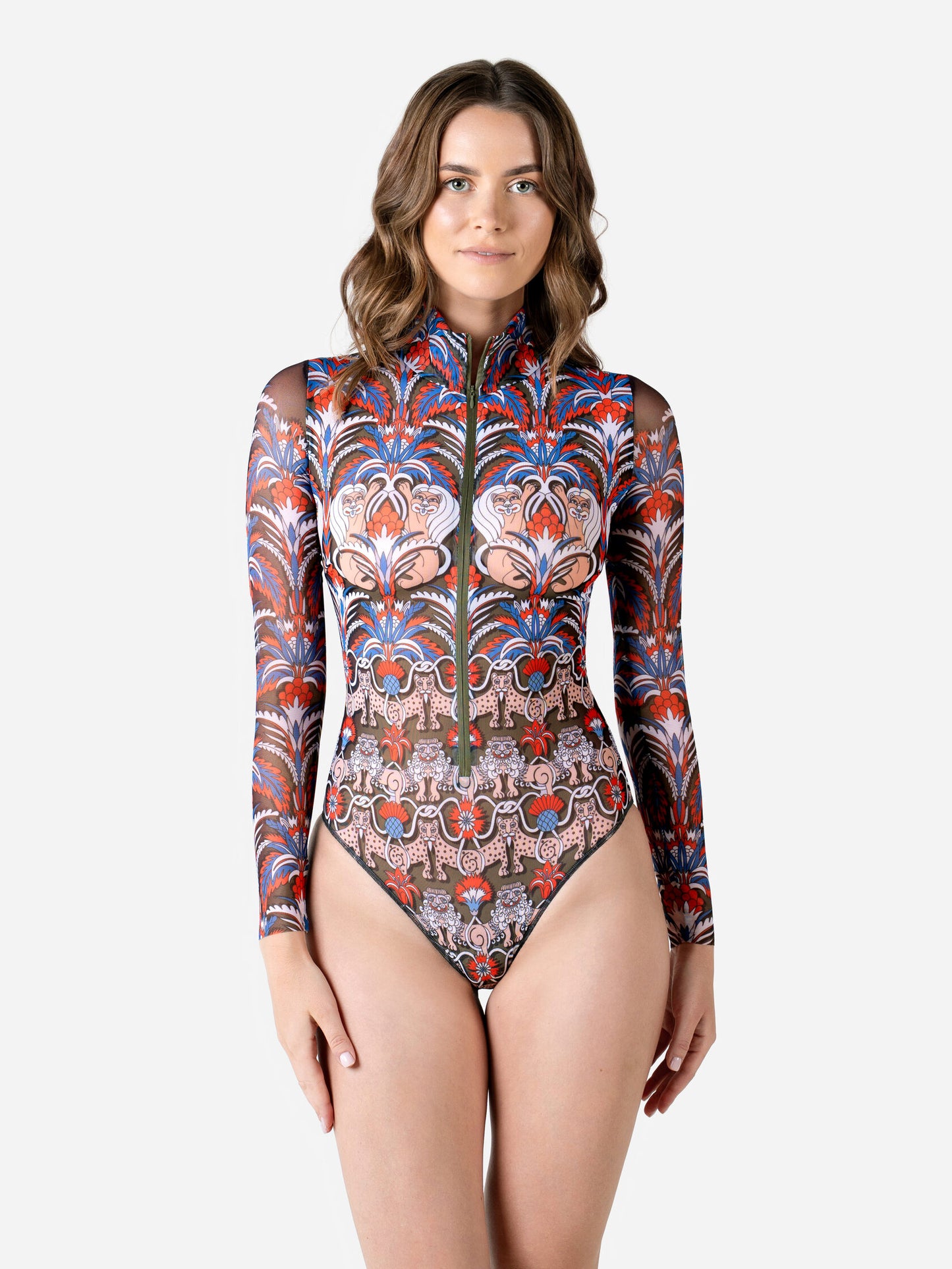 Medieval Green One-Piece Swimsuit with Zipper