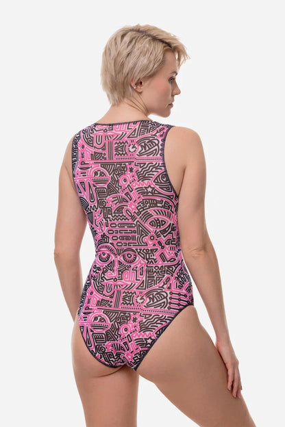 Doodling Fucsia Sleeveless Swimsuit with V-neck