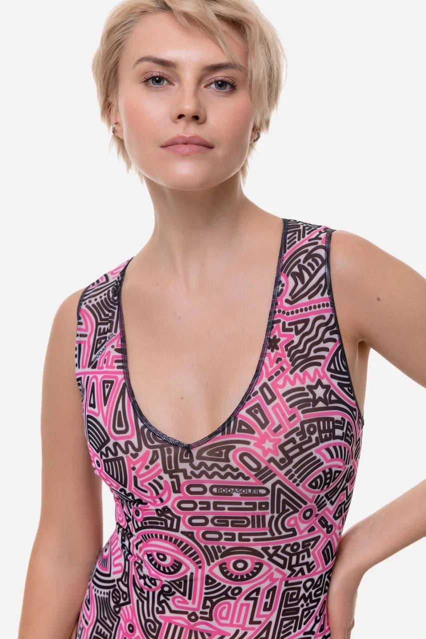 Doodling Fucsia Sleeveless Swimsuit with V-neck