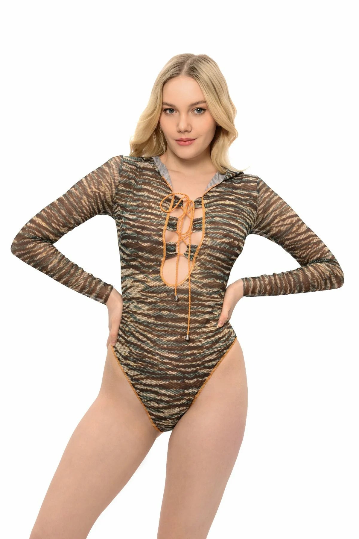 Khaki One-Piece Swimsuit with Lace